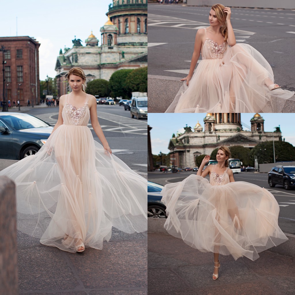 illusion beach wedding dresses tulle sexy spaghetti ruffles 3d flower applqiues a line bidal gowns backless wedding dress