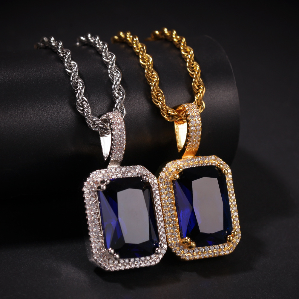 New Mens Bling Faux Lab Ruby Pendant Necklace 24quot Box Chain Gold Plated Iced Out Sapphire Rock Rap Hip Hop Jewelry For Gift