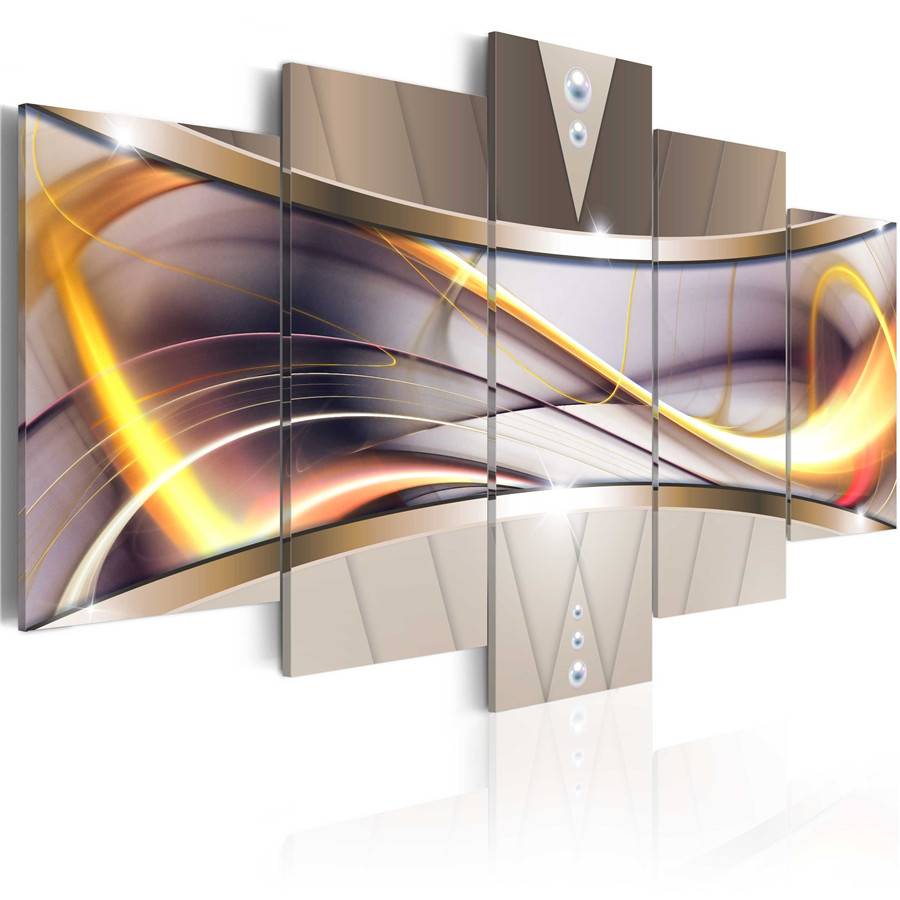 Fashion Wall Art Canvas Painting 5 Pieces Grey Yellow Purple Abstract Gold Line Modern Home Decoration, No Frame