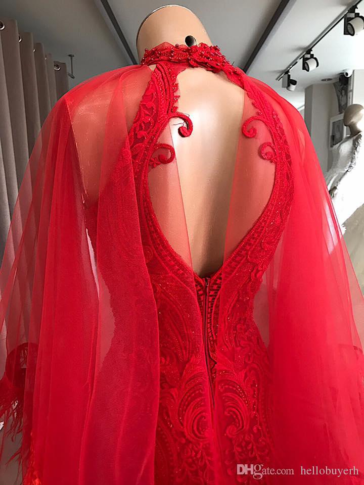 Red Mermaid Evening Dresses with Wrap Lace Appliqued Beads High Neck Luxury Feather Floor Length Sexy Prom Dress Hollow Back Party Dress