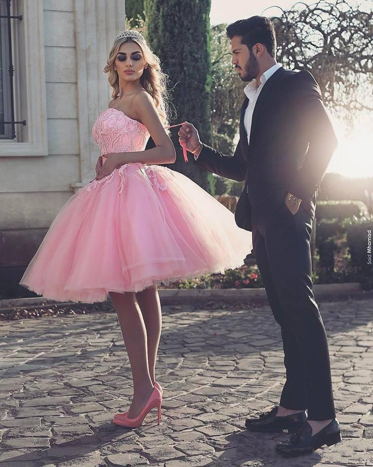 Middle East Dubai Formal Short Sexy Vestidos De Homecoming Party Gowns Beaded Sweetheart Pink Short Tulle Prom Dresses Custom