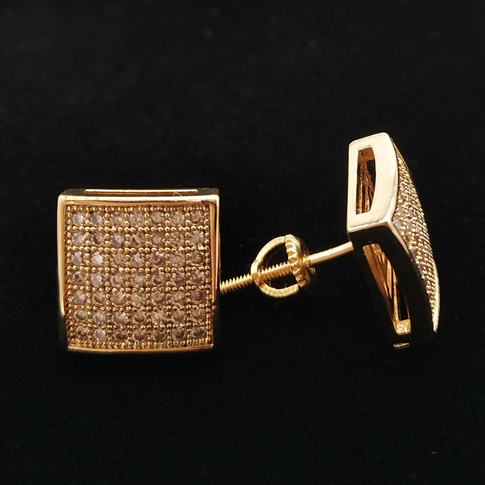 Real Gold Hiphop CZ Zircon Square Stud 0.7-1.6cm for Men Women and Girls Gifts Cubic Zirconia Iced Out Dia Earrings Studs Punk Rock Rapper Jewelry Bag
