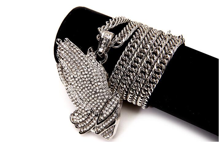 New Silver Praying Hands Hiphop Bling Necklace Mens 18k Gold Religous Jewlry Iced Out Prayer Jesus Women Men Gift Plating WL017