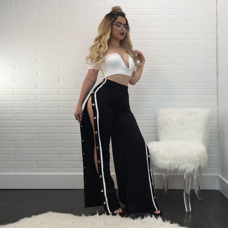 Sweatpants Women Wide Leg Pants Palazzo Long Snap Capris Ladies Casual Loose Side Split Bohemian Bottom Sexy Button Trousers Y19070101