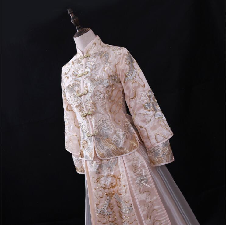 Champagne Light Cheongsam Wedding Gown Summer Slim Bride Outdoor Traditional Chinese Style Wedding Dress Su Embroidery clothing