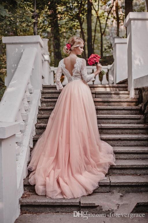 Romantic 2019 Lace Pink Wedding Dress High Quality Deep V-neck Tulle Bridal Gown Custom Made Plus Size