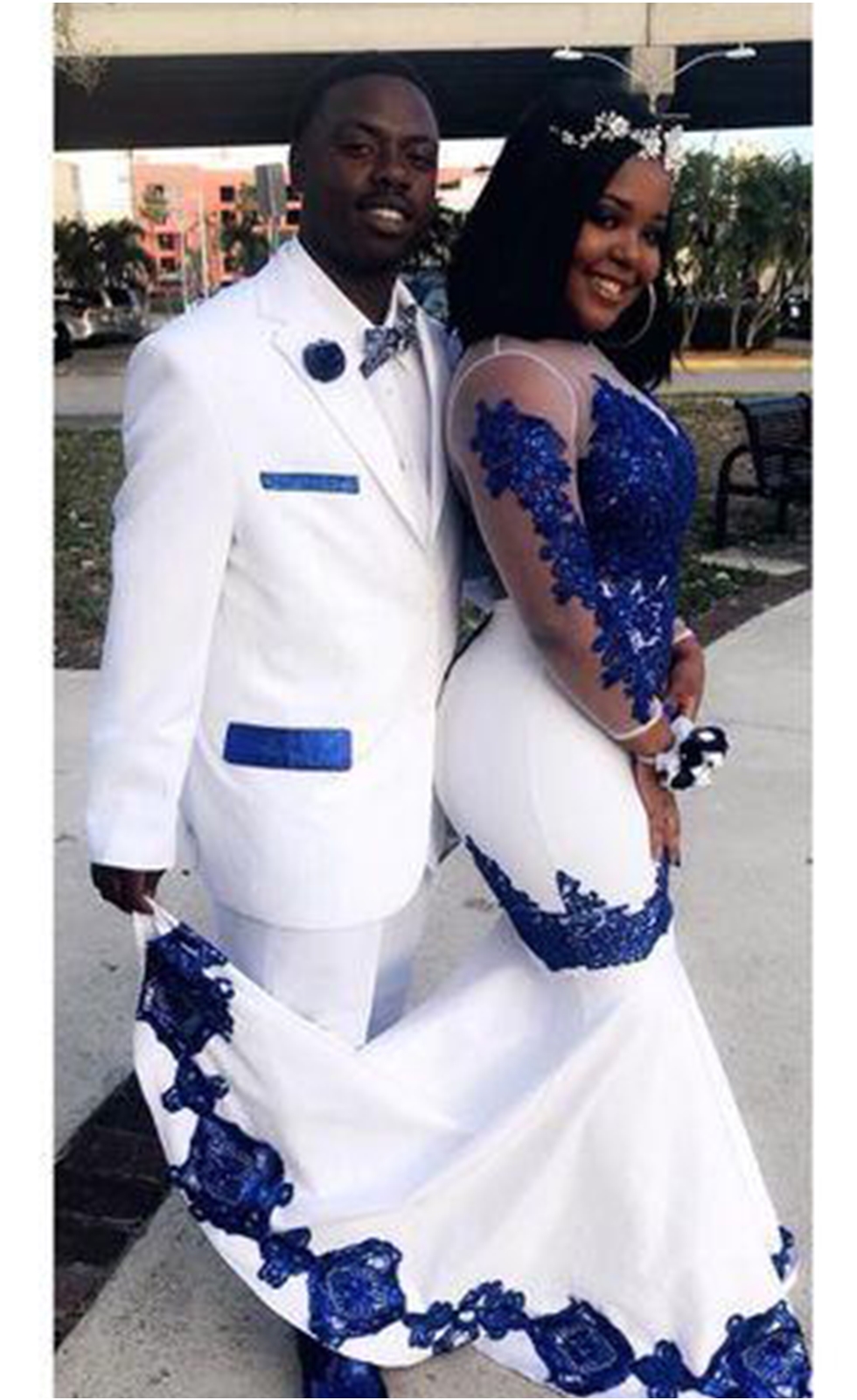New White Satin Royal Blue Lace Aso Ebi African Dresses Long Illusion Sleeves Applique Formal Gowns Pageant Wedding Dress
