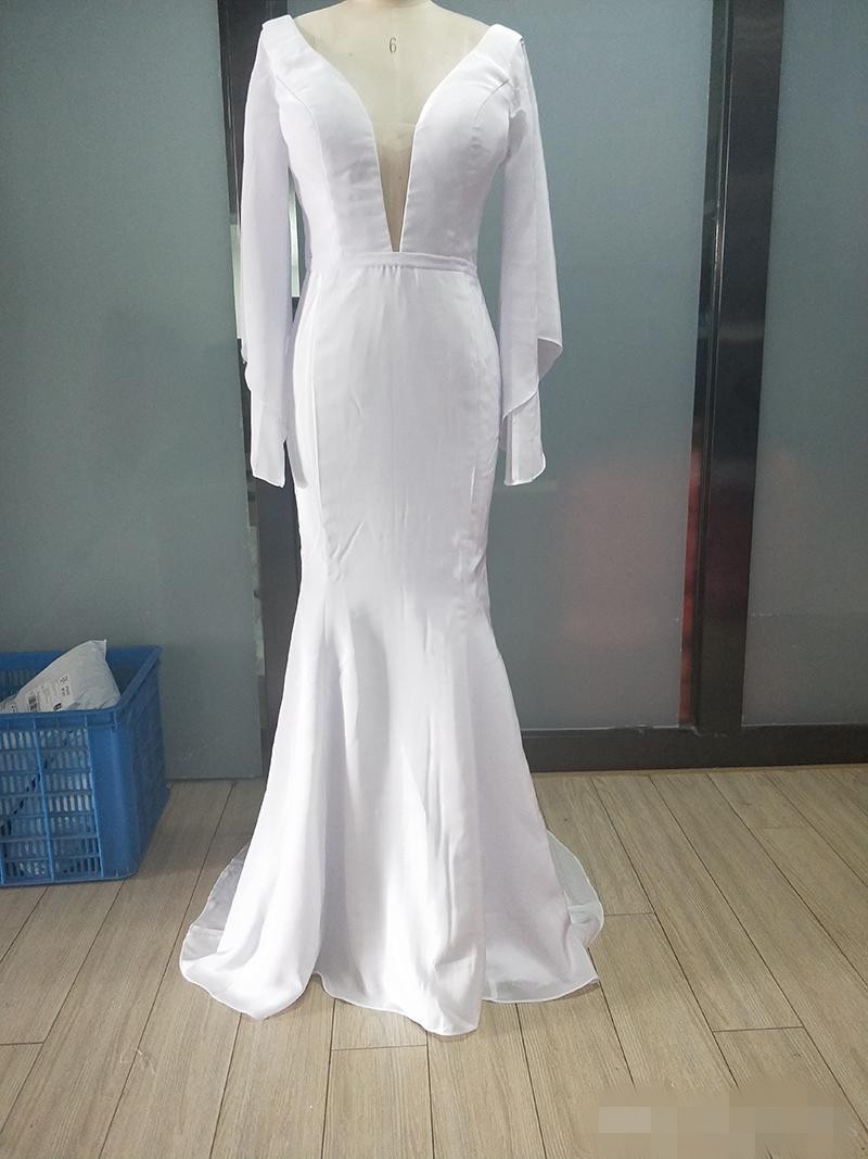 Long Poet Sleeves Dresses Mermaid Plunging V Neck Sweep Train Chiffon Covered Buttons Back Wedding Gown Vestido De Novia