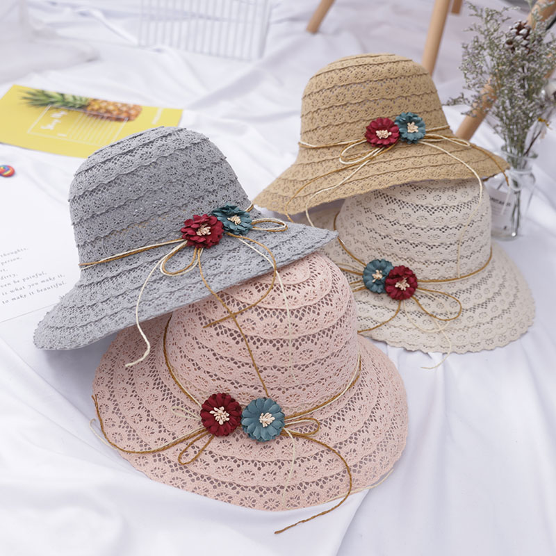 Summer Elegant Foldable Breathable Straw Hat For Women Ladies Cap Foldable Lace Fashionable Beach Sun Hats Solid Hollow