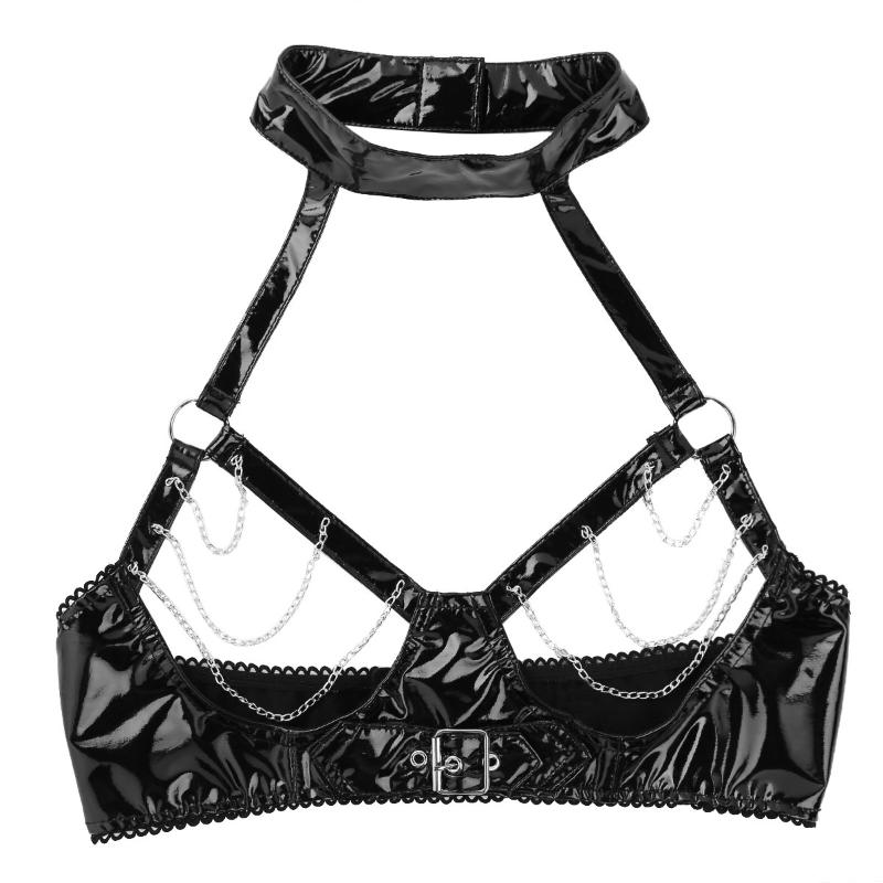 Sexy Crop Tops for Women Erotic Lingerie Wetlook Black PU Leather Latex Bra Hollow Out Bust & Metal Chain Tassel Dance Bras Top