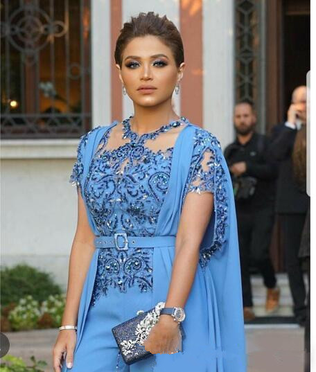 Sky Blue Jumpsuits Prom Dresses With Wrap Cape 2019 Saudi Arabic Beaded lace Applique Evening Gowns Long Women Party Suit