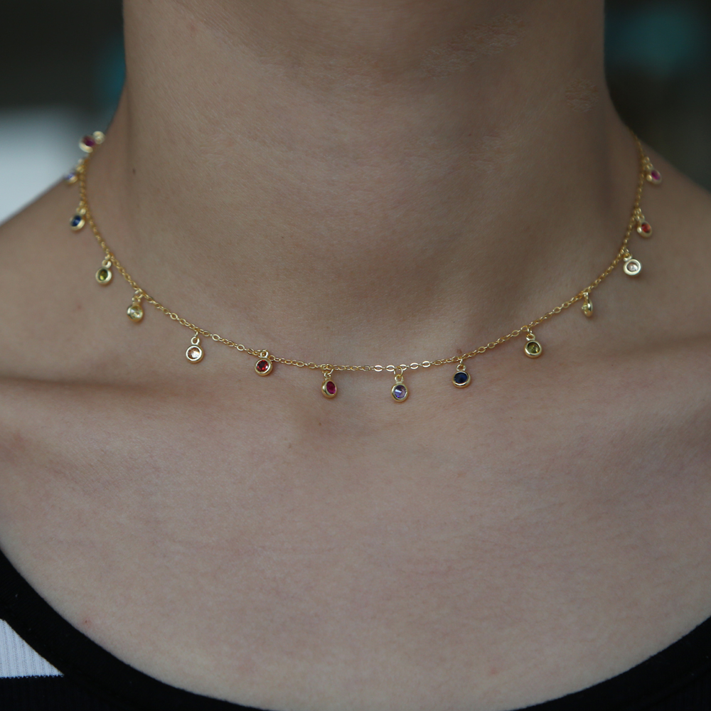 Wholesale-rainbow cz drop choker necklace for women 2018 gold plated vermeil tiny round dots statement necklaces