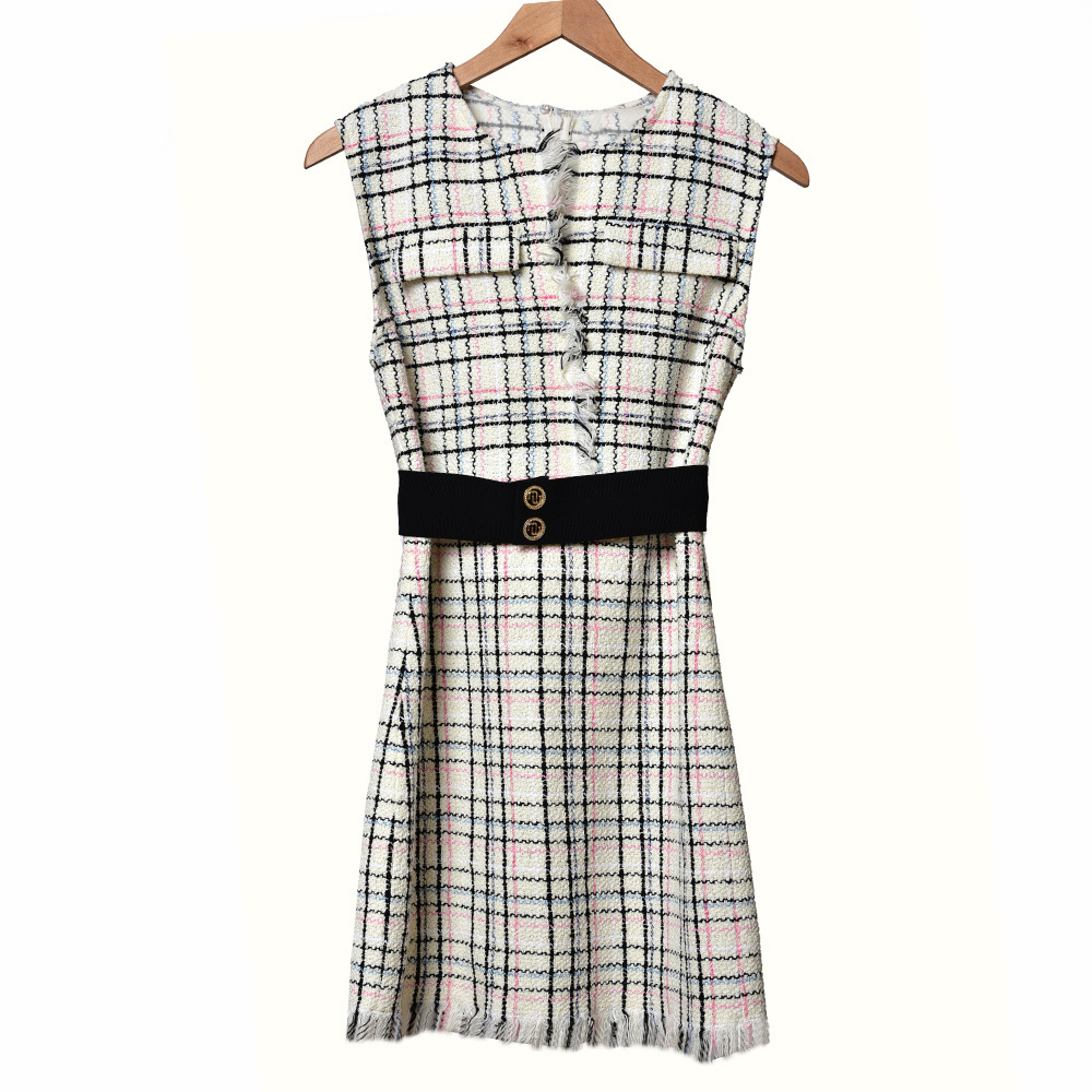 2020 Spring Summer Sleeveless Round Neck Multicolor Plaid Print Tweed Panelled Belted Short Mini Dress Women Fashion Dresses W1815066