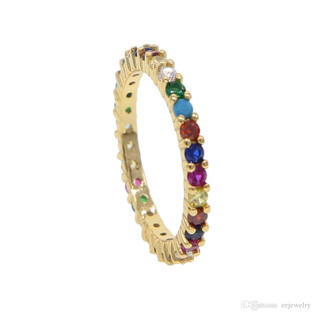 New design 925 Sterling silver gold multi color eternity band delicate rainbow cute girl women colorful beautiful full cz stack skinny rings