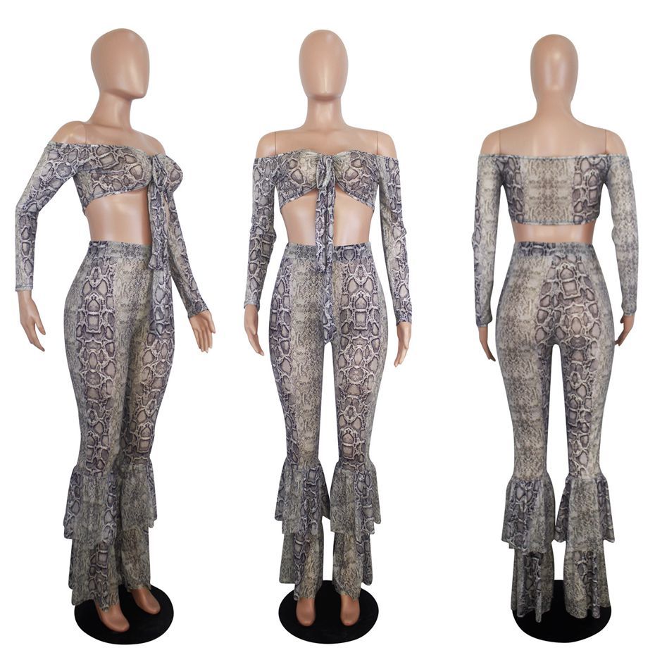 HAOYUAN Sexy Snake Print Sheer Mesh Two Piece Set Women Fall Festival Long Sleeve Crop Top and Flare Pant 2 Piece Club Outfits