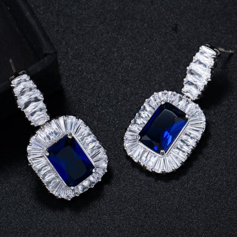Sterg Sier Blue Sapphire CZ Dia Stud Earrings for Women Wedding Party Lover's Gift