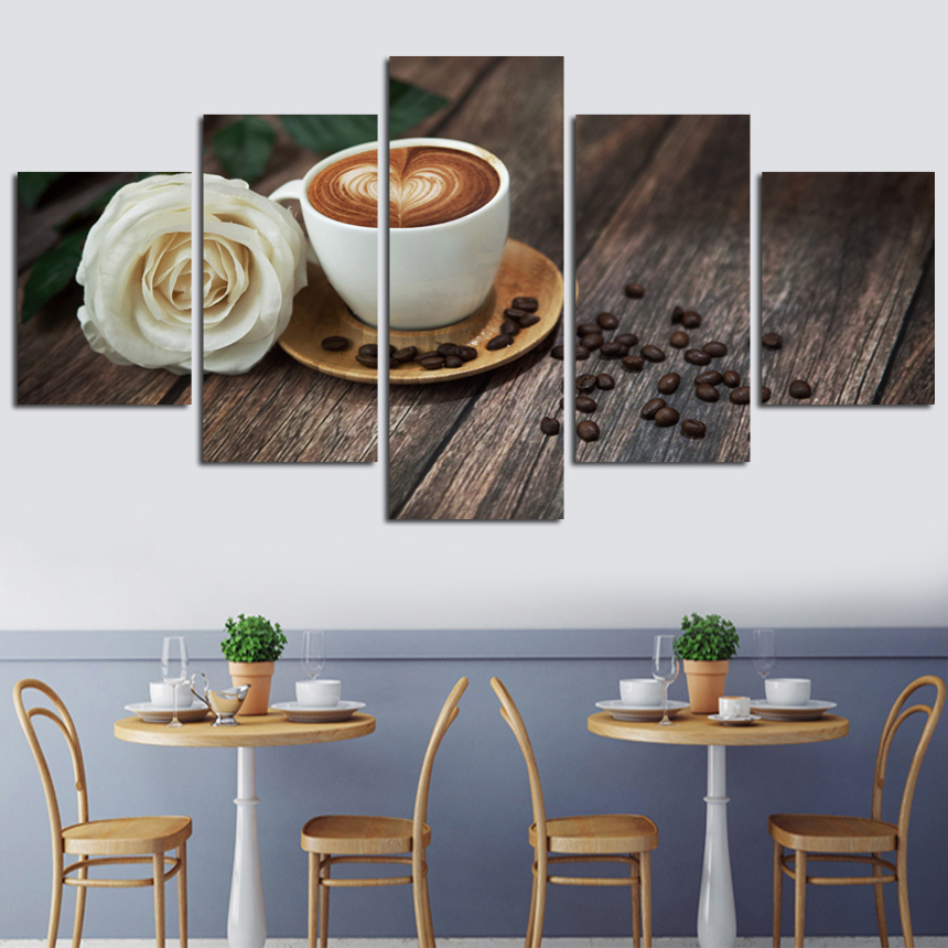 Canvas Pictures Living Room Wall Art 5 Pieces Coffee Cup And Rose Paintings HD Printed Modular Poster Kitchen Home Decor(No Frame)
