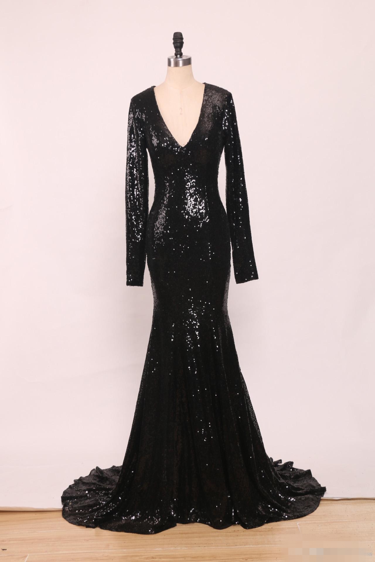 Sexy Deep Lack 2019 V Neck Prom Dree Long Sleeve Sparkly Sequin Sweep Train Formal Ocn Wear Party All Gown 6660311