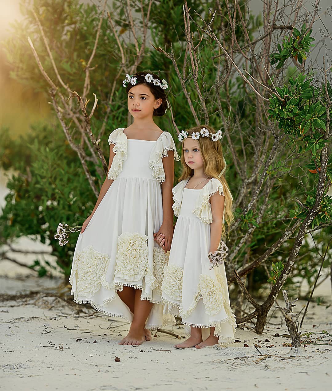 Stylish High Low Bohemia Flower Girl Dresses For Beach Wedding Pageant Gowns Ruffled Boho Kids First Holy Communion Dress