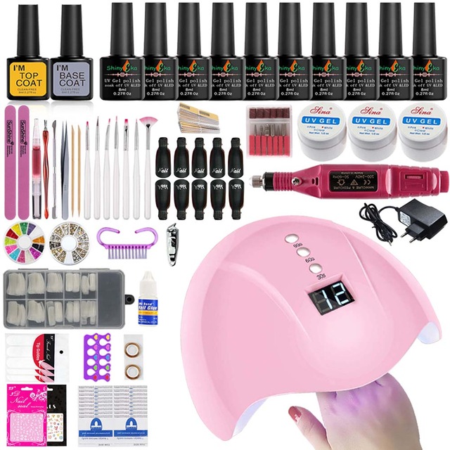 Nail Art Kits Manicure Set Kit Electric Handle Acrylic 36w/54/90w Led Lamp For Nails 10 Polish
