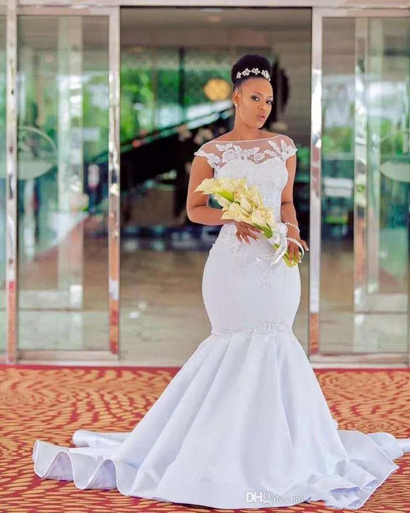 african mermaid satin wedding dresses robe de mariage bridal gowns cap sleeve lace appliqued plus size wedding dress