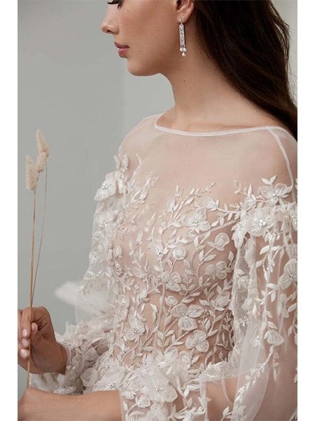 Lace Dresses Jewel Neck 3D ral Appliques A e Long Sleeve Illusion Bodice Beach Wedding Dress Custom Made Bead Bridal Gown