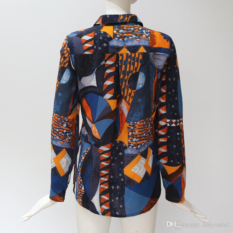 2020 Women Chiffon Blouses Long Sleeve Turn Down Collar Office Shirt Geometric Print Blouse Loose Casual Tops Plus Size Chemise Femme