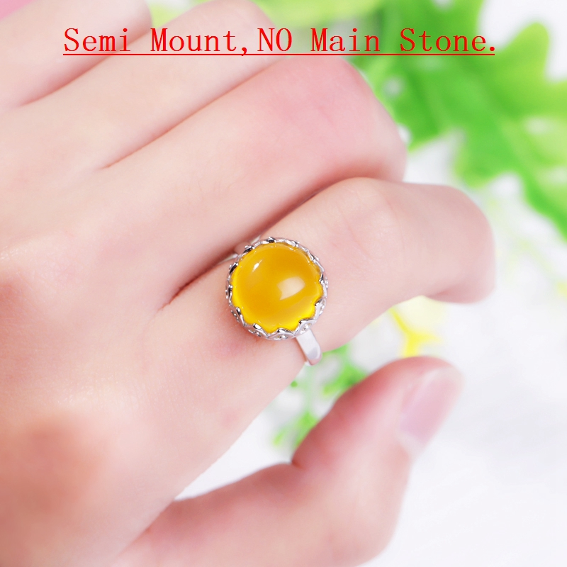 925 Sterling Silver Women Engagement 12x12mm Round Cabochon Semi Mount Ring fit Amber Turquoise Setting White Yellow Gold Color