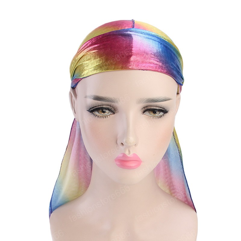 Fashion Men's Sparkly Silk Durag Bandana Headwear Colorful Wide Doo Rag Bonnet Polyester Cap Comfortable Sleeping Hat