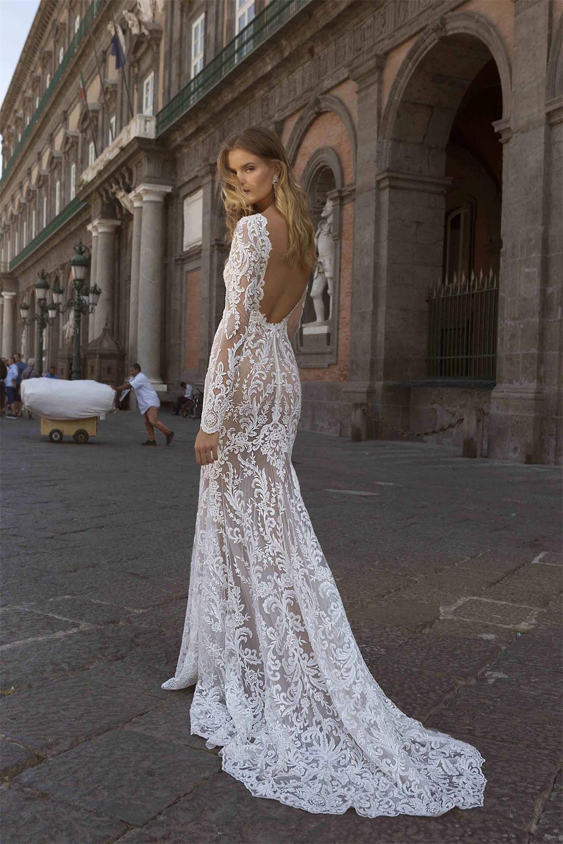 Berta Long Sleeve Lace Mermaid Wedding Dresses 2020 V Neck Illusion Backless Bridal Gowns robe de mairee