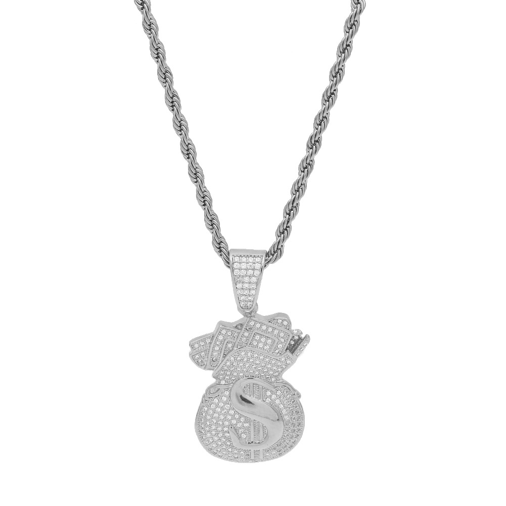 Gold Plated Iced Out CZ Cubic Zirconia Mens USD Money Bag Pendant Chain Necklace personalized Full Diamond Hip Hop Jewelry Gifts for Men