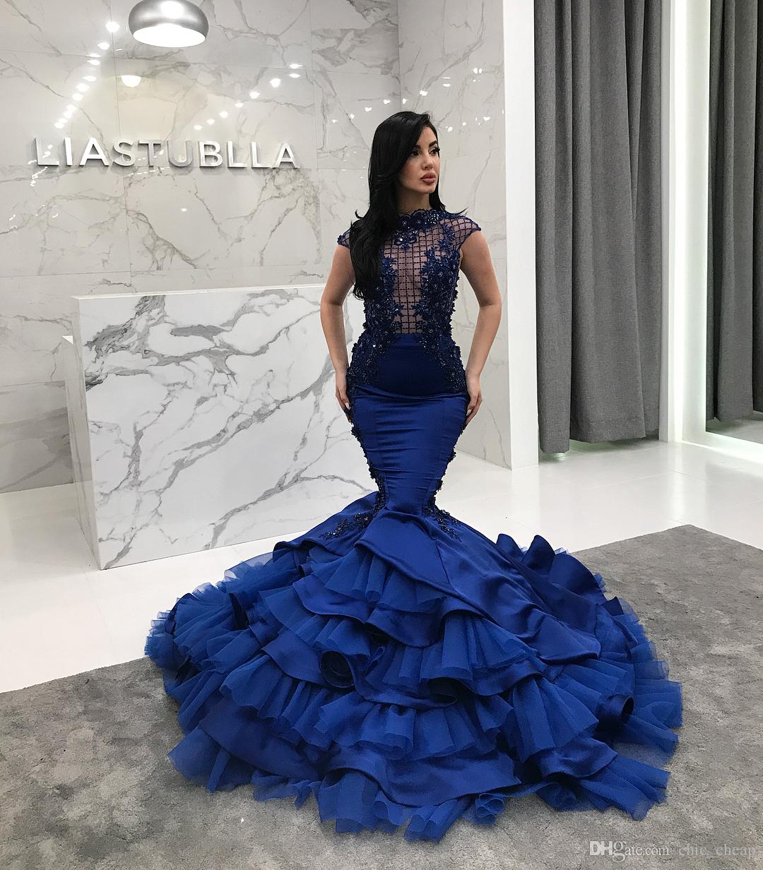 Tony Chaaya 2019 Evening Dresses With Tiered Skirts Royal Blue Beads Mermaid Prom Dress Lace Applique Cap Sleeve Luxury Formal Party Gowns