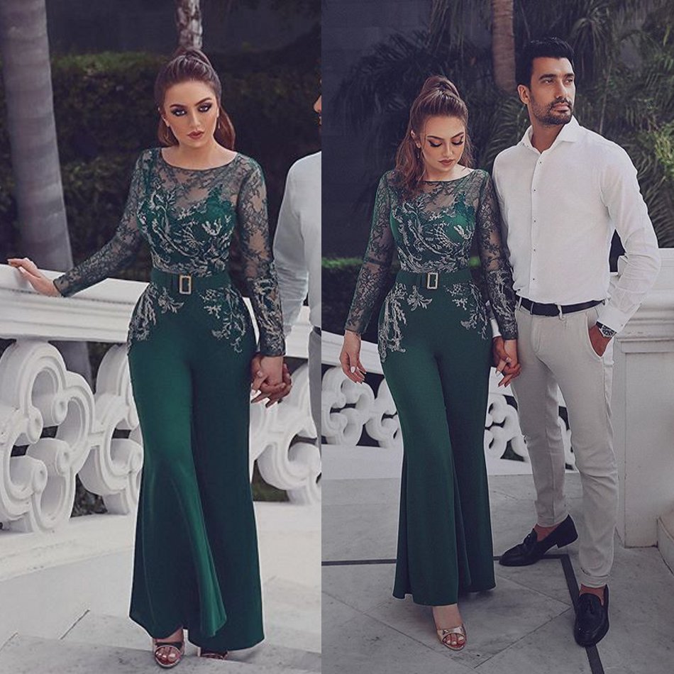 2020 Dark Green Women Jumpsuits Jewel Neck Satin Appliqued Long Sleeve Evening Dresses Party Wear Custom Made Arabic Prom Gowns