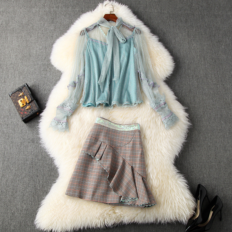 European and American women's clothing 2020 summer new style Long-sleeved bow-neck shirt Sequined plaid skirt Fashion suit, Green
European and American women's clothing 2020 summer new style Long-sleeved bow-neck shirt Sequined plaid skirt Fashion suit, Green