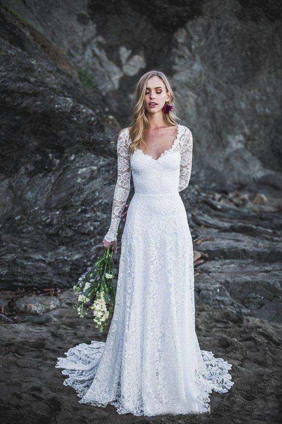 Simple Lace Long Sleeves Wedding Dresses V Neck Open Back Sexy A Line Formal Gowns for Bride Country Wedding Dresses