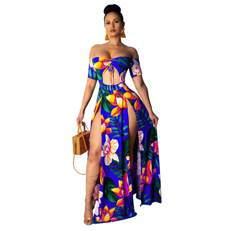 Boho Printed Summer Beach Maxi Dress Strapless Off Shoulder Sexy High Slit Sundress Womens Robe Hollow Out Long Dr