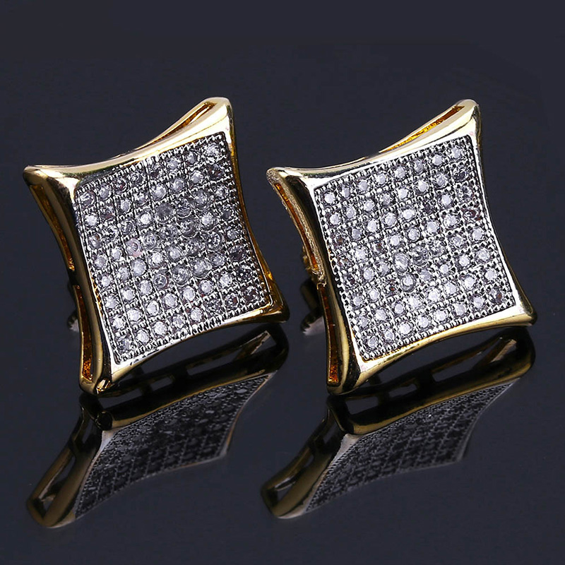 Men Hip Hop Stud Earrings Square Screw Back Shining White Zircon Earrings Gold Plated Vintage Geometric Jewelry Wholesale