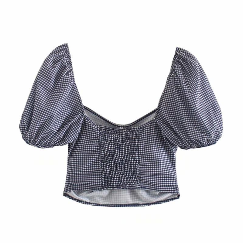 2020 summer women' new V-neck puffy short-sleeved short jacket elastic trim back honeycomb lattice VICHY lattice shirt, Blue
2020 summer women' new V-neck puffy short-sleeved short jacket elastic trim back honeycomb lattice VICHY lattice shirt, Blue