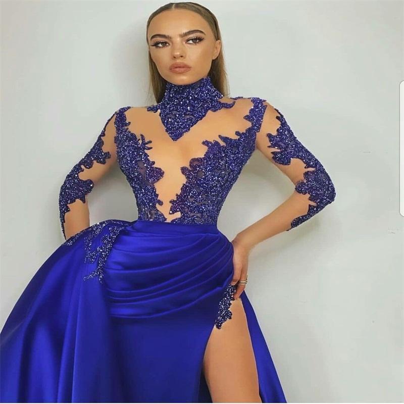 Royal Blue High-neck Evening Pageant Dresses 2021 Illusion Long Sleeve Lace Stain High-split beaded Sequins Prom Party Gowns