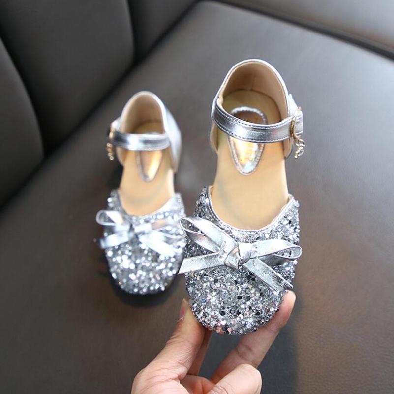 Girls Sandals Leather Summer Fashion Sequins Baby Girls Bowtie Shoes Kids Princess Shoes Soft Bottom Children Dance, Black