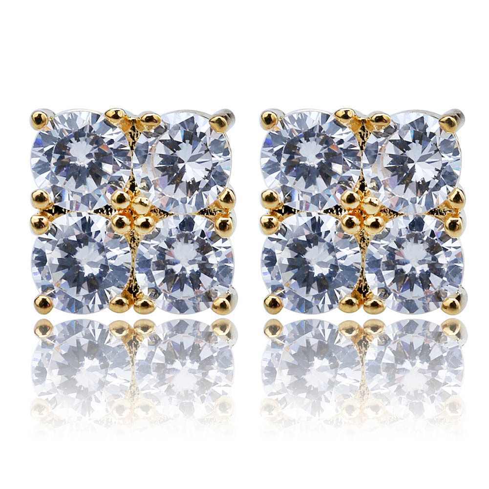 18K Gold Hip Hop 4 Cubic Zirconias Square Stud Earring 0.8 cm for Men Women Girls Iced Out Full Diamond Earrings Studs Hip Hop Punk Rock Rapper Jewelr