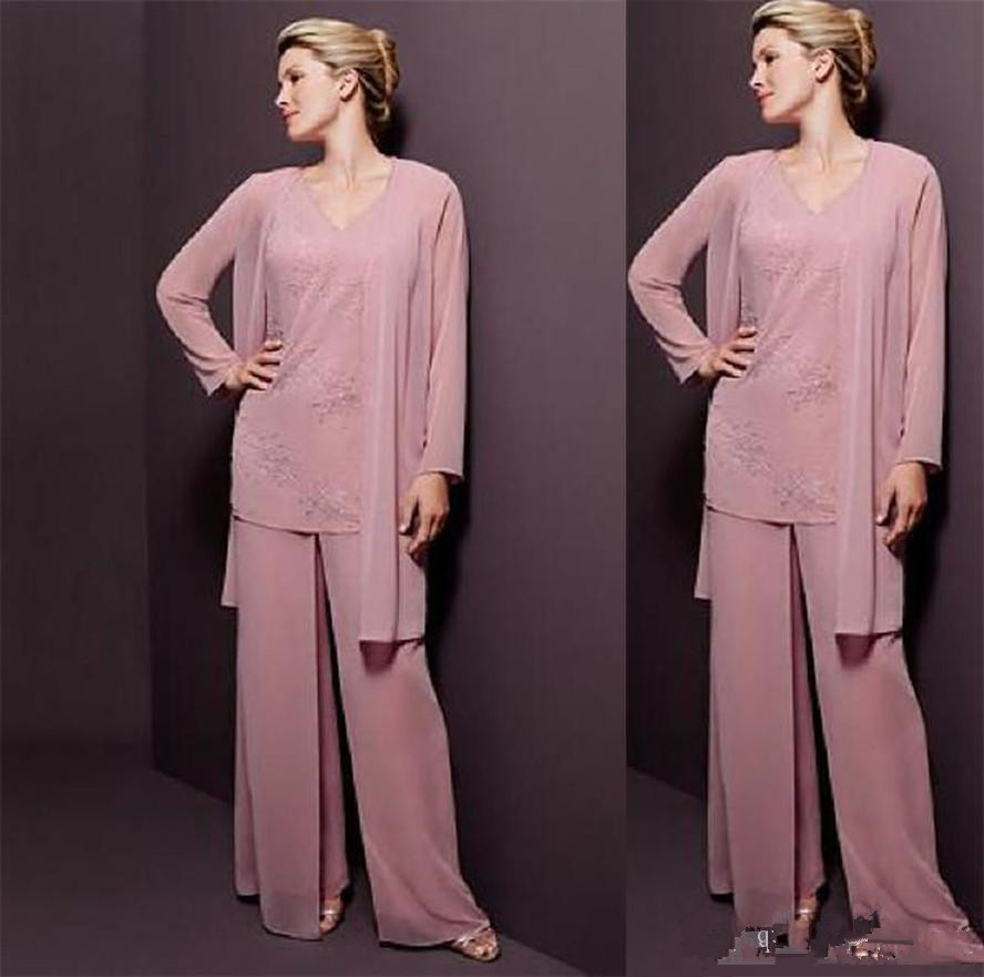 Elegant Dusty Pink Mother Of The Bride Pant Suits With Jacket Lace Applique Three Pieces Wedding Guest Groom Mothers Formal Dresses