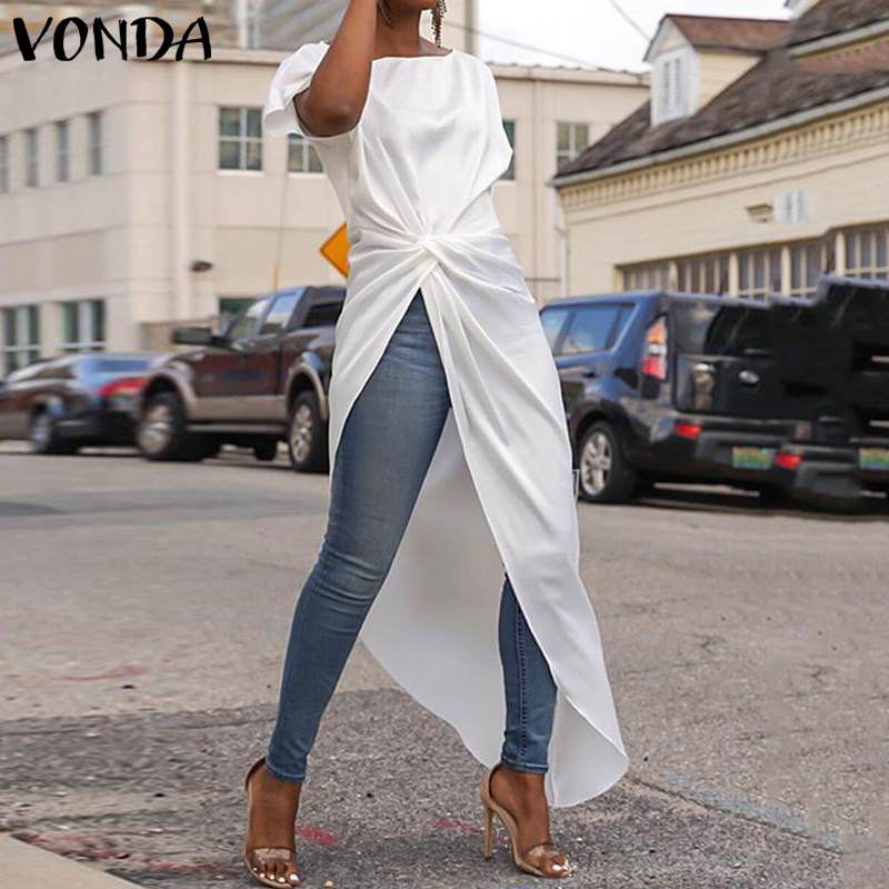 VONDA S-5XL Summer Tops Women Blouse Sexy Split Hem AsymmetricalParty Blouse Casual Loose Long Shirts Female Blusa Tunic