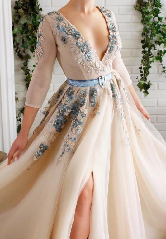 2020 Elegant Prom Dresses Lace 3D Floral Appliqued Side Split Evening Dress A Line V Neck Custom Made Special Occasion Gowns