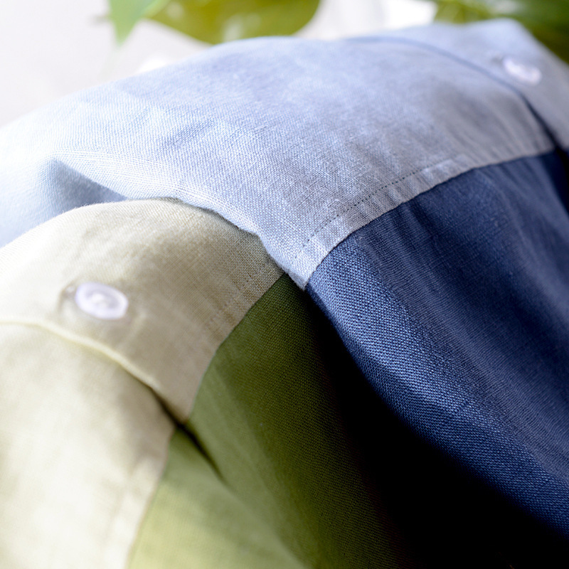 Men Spring Summer Harajuku Japan Style Fashion Color Gradient Patchwork High Quality Linen Three Quarter Male Casual Shirts