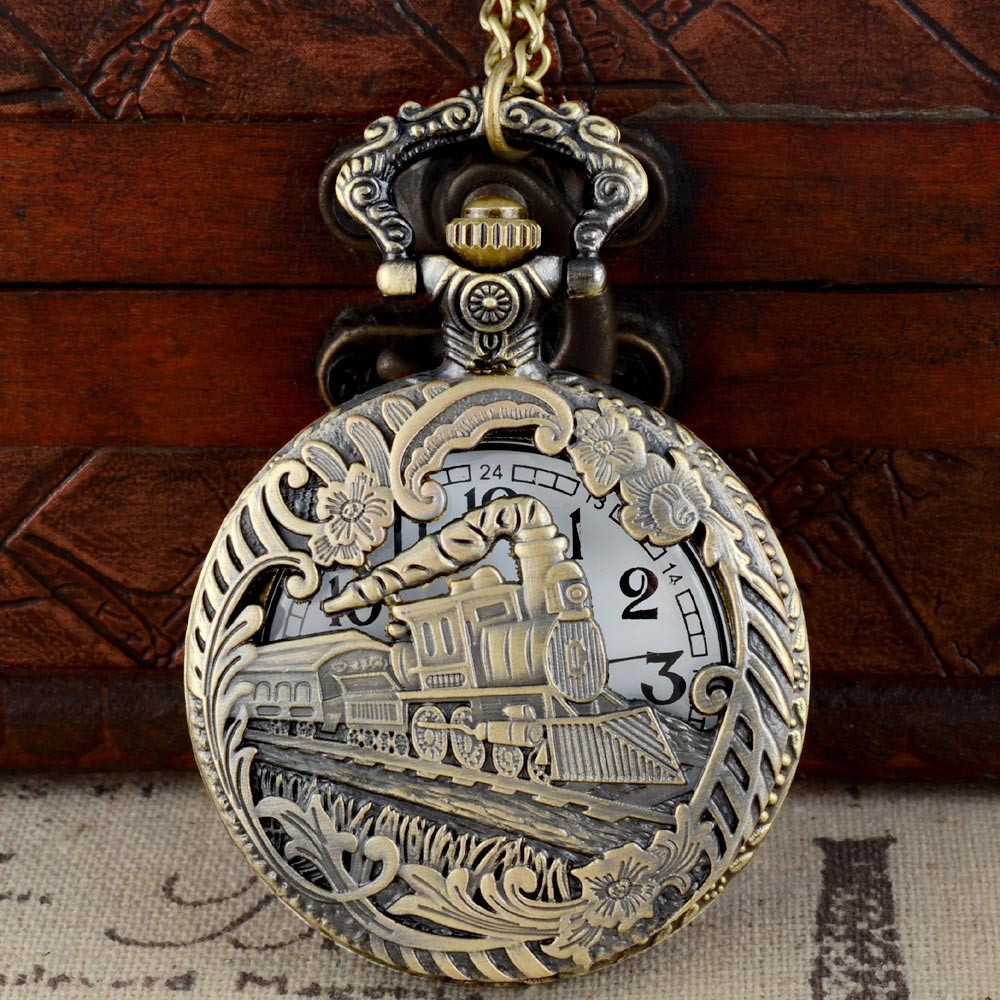 

Bronze Hollow Train Theme Full Quartz Engraved Fob Retro Pendant Pocket Watch Chain Gift Fire Fighter Theme, As pic