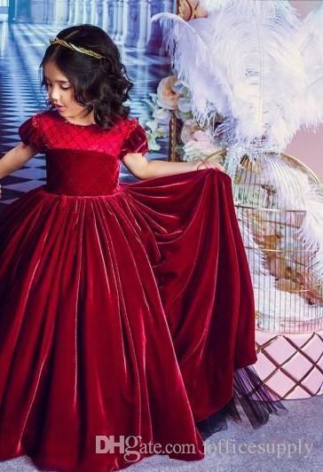 Cheap Princess Lovely Dark Red Ball Gown Flower Girls Veet Short Puffy Sleeve Wedding Party Dresses Birthday Kids Prom Dress