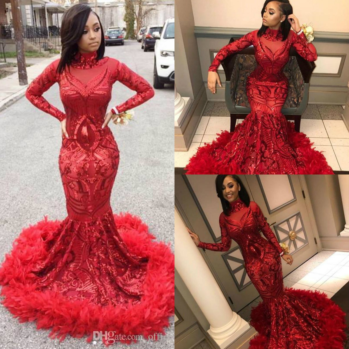 2019 Mermaid Prom Dresses High Neck Lace Sequins Feather Long Sleeve Evening Gowns Custom Made Luxury Quinceanera Dresses