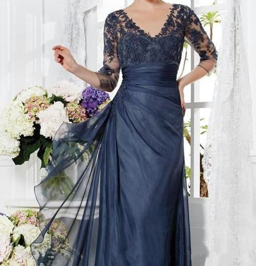 Vintage Navy Blue Mother Of The Bride Groom Dress 3/4 Sleeves Appliques Lace V Neck Long Custom Made Evening Party Prom Gowns