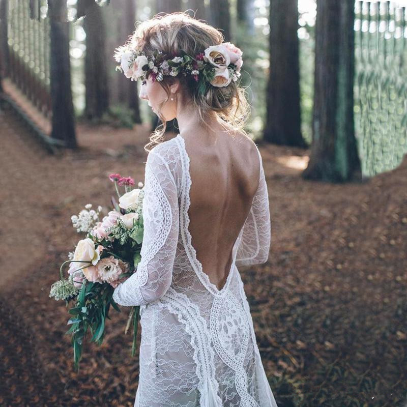 Long Sleeves Wedding Dresses Boho 2019 Exquisite Lace Backless Chic Wedding Dress Bridal Gowns Robe De Mariage 2019